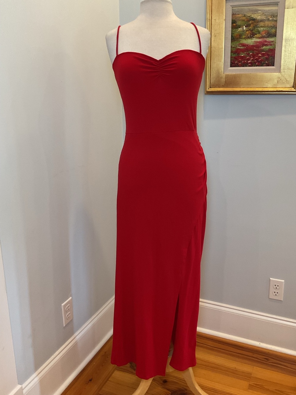 Reformation Red Ribbed Ruched Sweetheart Maxi Dress‎ - Picture 2 of 8